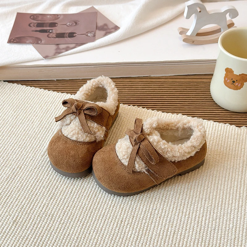 

Children Warm Flat Shoes New Winter Fashion Girls Outdoor Furry Cotton Shoes Sweet Bowknot Princess Soft Kids Causal Plush Shoes