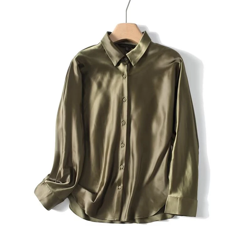 

YENKYE Spring Autumn Elegant Satin Shirt Women Front Button Long Sleeve Lapel Collar Commuting Lady Shirts Blusas Mujer