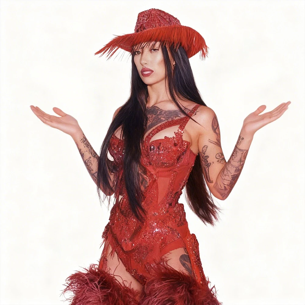 

Women Sexy Crystals Diamonds Red Feather Luxury Party Dress Designer Mesh Transparent Performance Stage Outfit