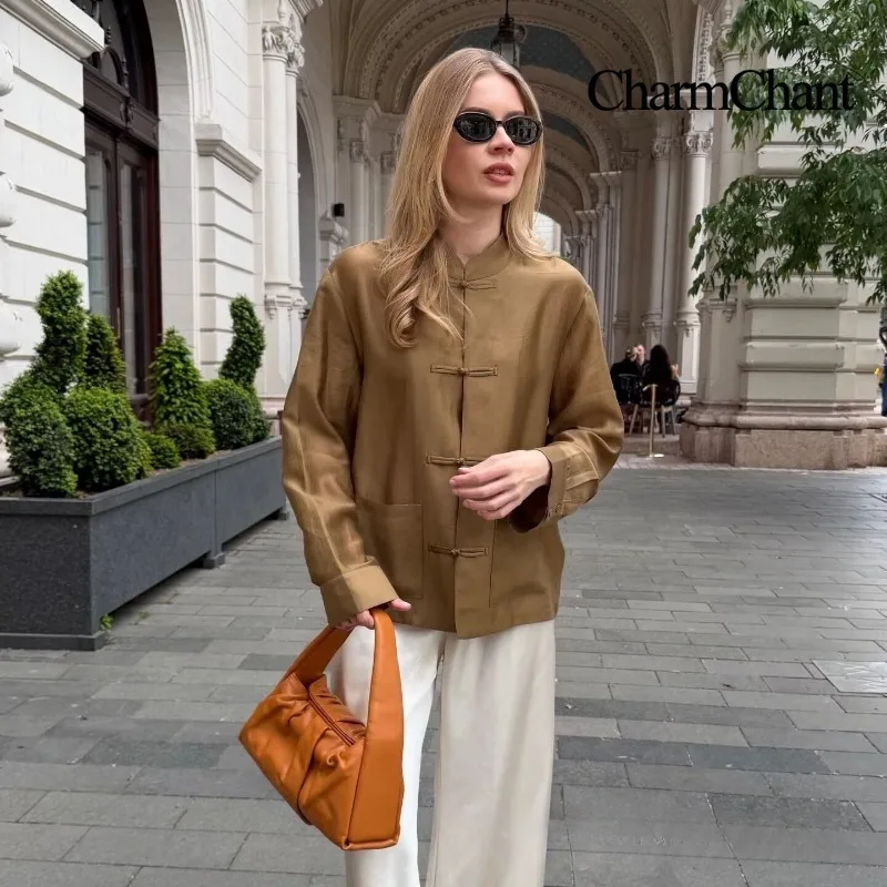CHARMCHANT Luxury Textured Satin Cropped Shirt Women Chinese Traditional Frog Buttons Stand Collar Holiday Blouse Summer 2026