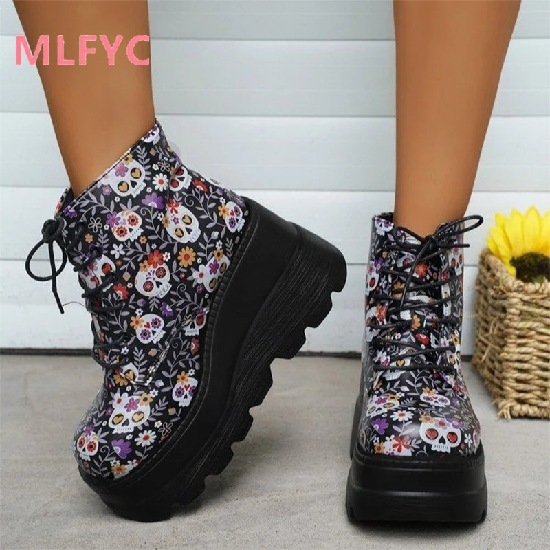 2023 New European and American Petal Skull Printed Matsutake Sole Boots for Women's Winter Warmth Boots