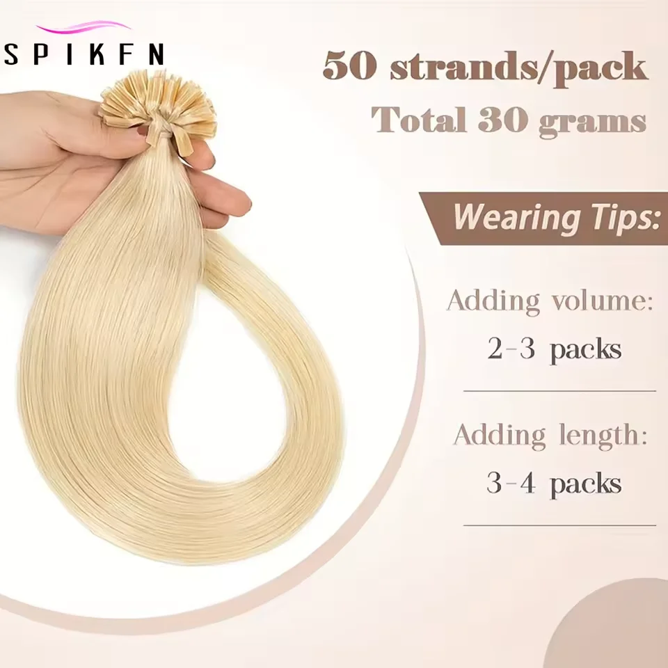SPIKFN ネイルUチップ人毛ハイライトハニーブロンドプレボンドヘアエクステンション50本/パックナチュラルストレートホットフュージョンヘア30G