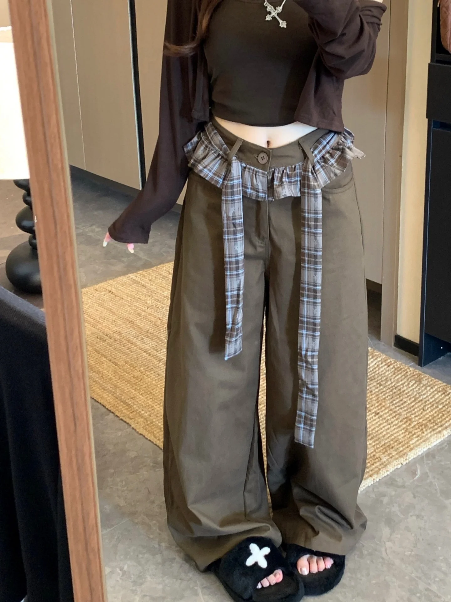 

American Design Style Plaid Lace Patchwork Wide Leg Jeans Women's High Waist Cotton Denim Trousers Fall Season New Arrival