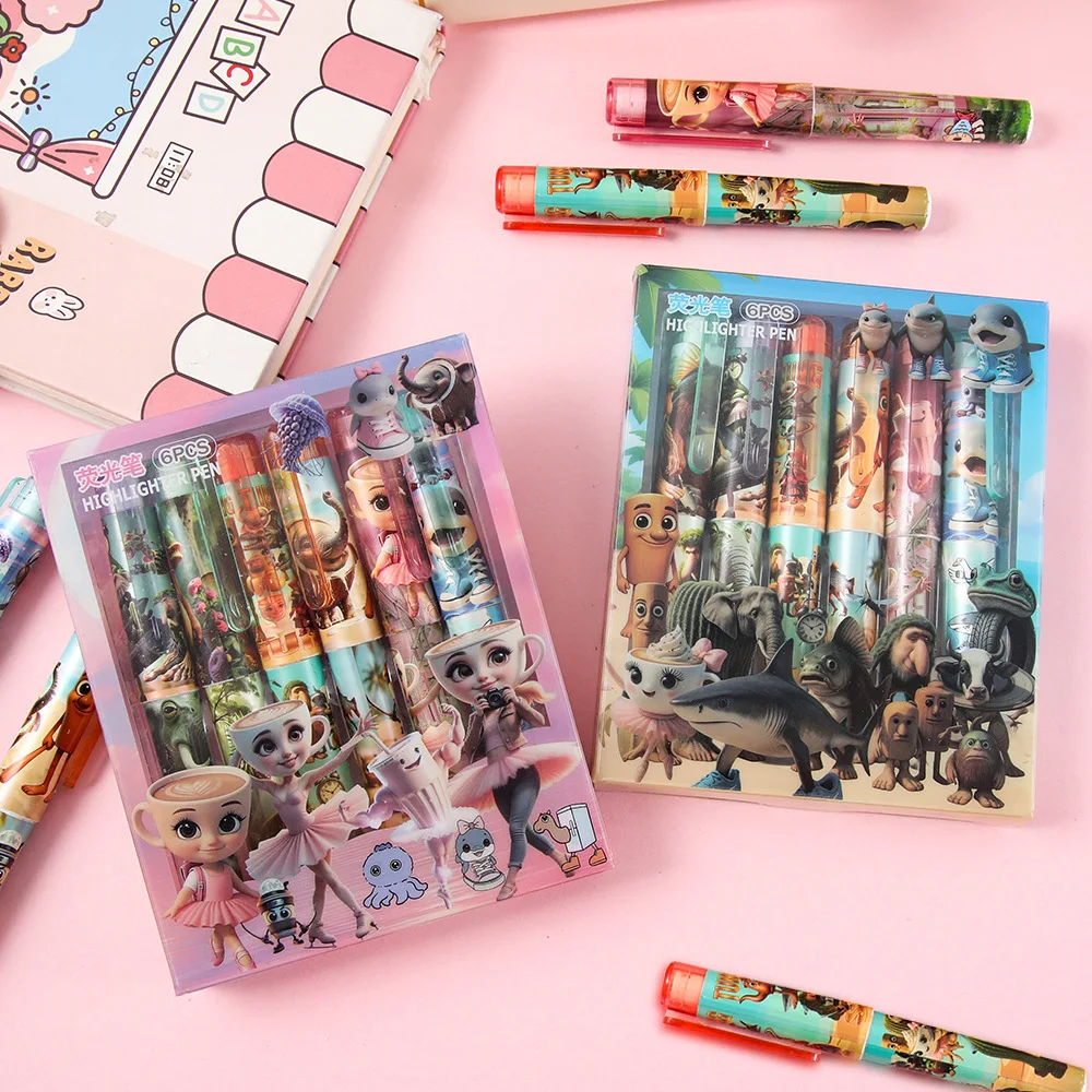 

6pcs Tralalero Tralala Fluorescent pen Italian Brainrot Writing Stationary Student Anime School Supplies Office Accessories Gif