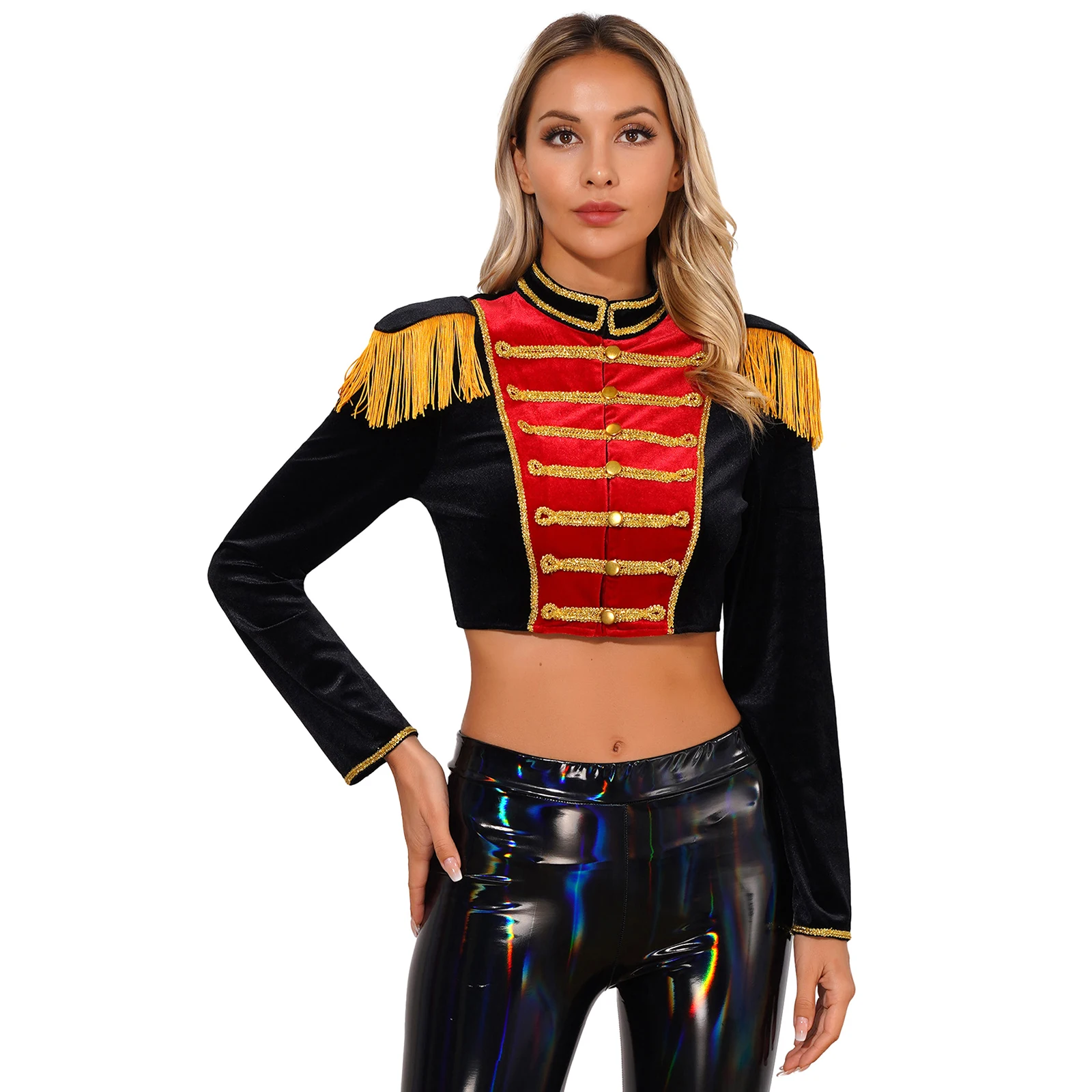 

Womens Ringmaster Role Play Jacket Halloween Fancy Dress Ball Theme Party Costume Stand Collar Long Sleeve Velvet Cropped Coat