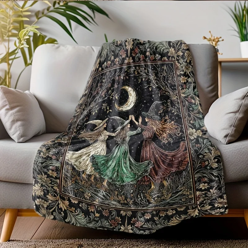 1pc Floral-Moon Magic Element Design Printed Flannel Blanket, Folklore Witch Soft Blanket, Witch Sisters, Mystical Academy