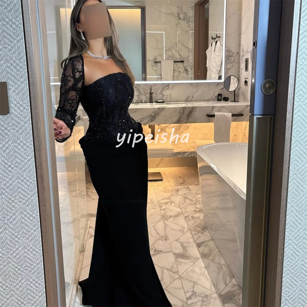 ชุดเดรสยาวแบบสั่งตัดพิเศษ ประดับลูกปัด ปักเลื่อม จับจีบ ผ้าพลิ้ว ทรงตรง เปิดไหล่ สำหรับโอกาสพิเศษ สไตล์เรโทร