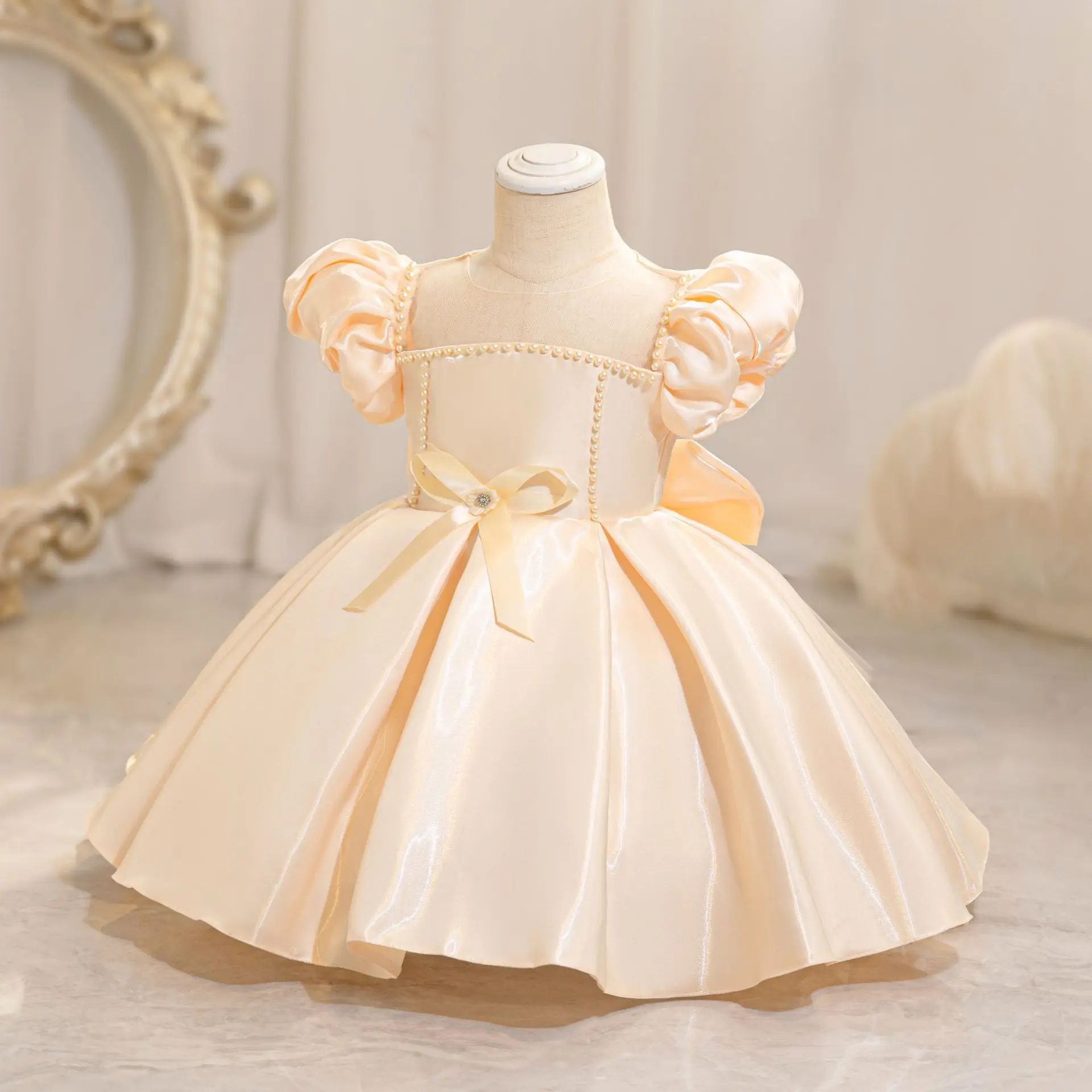 

Champagne Puff Sleeve Pearl Ball Gown Dress for Baby Girl Birthday Party Princess Dress Infant Cloth Formal Flower Girl Wedding