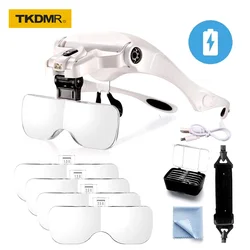 TKDMR USB Rechargeable Headband Glasses Magnifier 2LED Light Lamp Illuminated Magnifying Eyewear For Tool Repair Embroidery Read