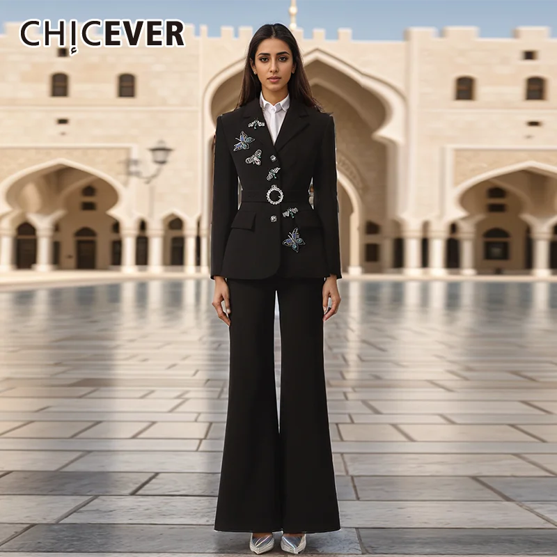 

CHICEVER Solid Two Piece Set For Women Lapel Long Sleeve Spliced Metal Top High Waist Slim Flare Pants Formal Suit Female Autumn