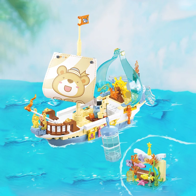 287PCS Sluban Metropolis Treasure Hunt Sailboat Building Blocks Idea Transparent Hull Adventure Boat With Figures Holiday Gift