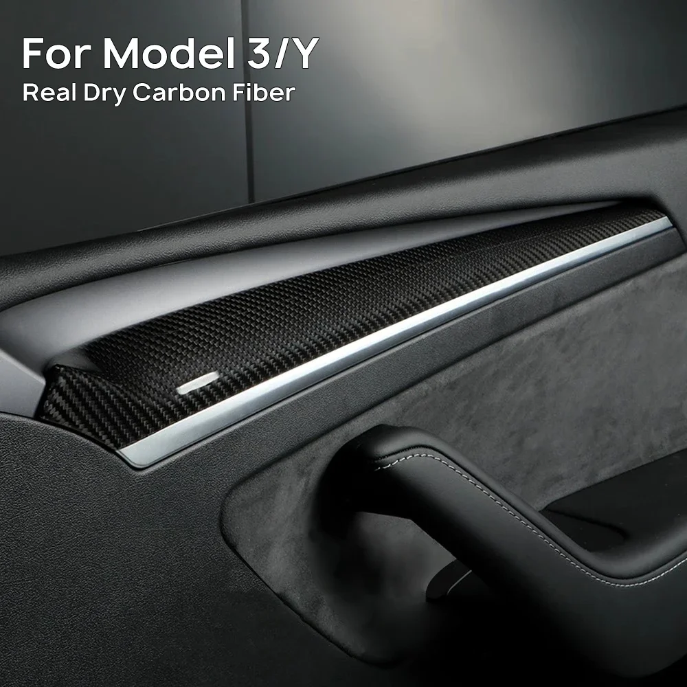 Car Front Door Inner Armrest Panel Cover Trim For Tesla Model 3 2021-2023 Model Y 2019-2023 Real Dry Carbon Fiber Accessories