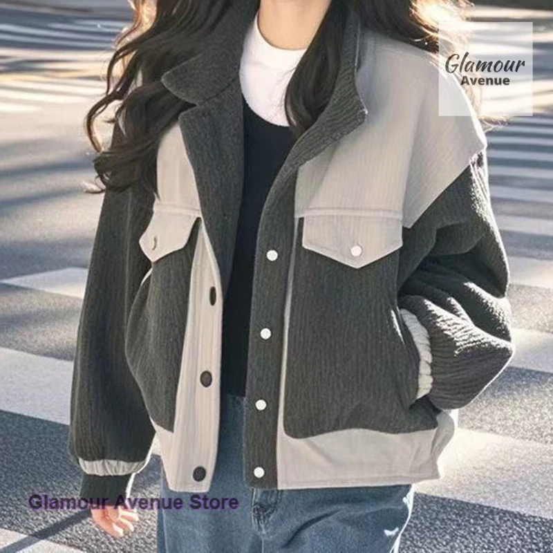 

Korean style Joker contrast coat women's autumn and winter new fashion temperament high sense double simple casual coat.