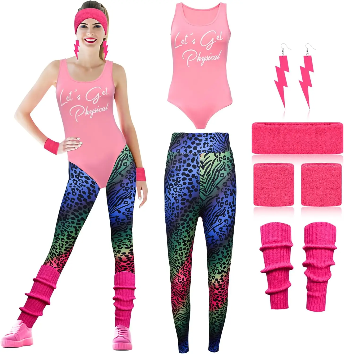 Traje de entrenamiento de 6 piezas para mujer, leotardo de los años 80 para fiesta de los 80 y 90, diadema de neón Retro, pulseras, leggings