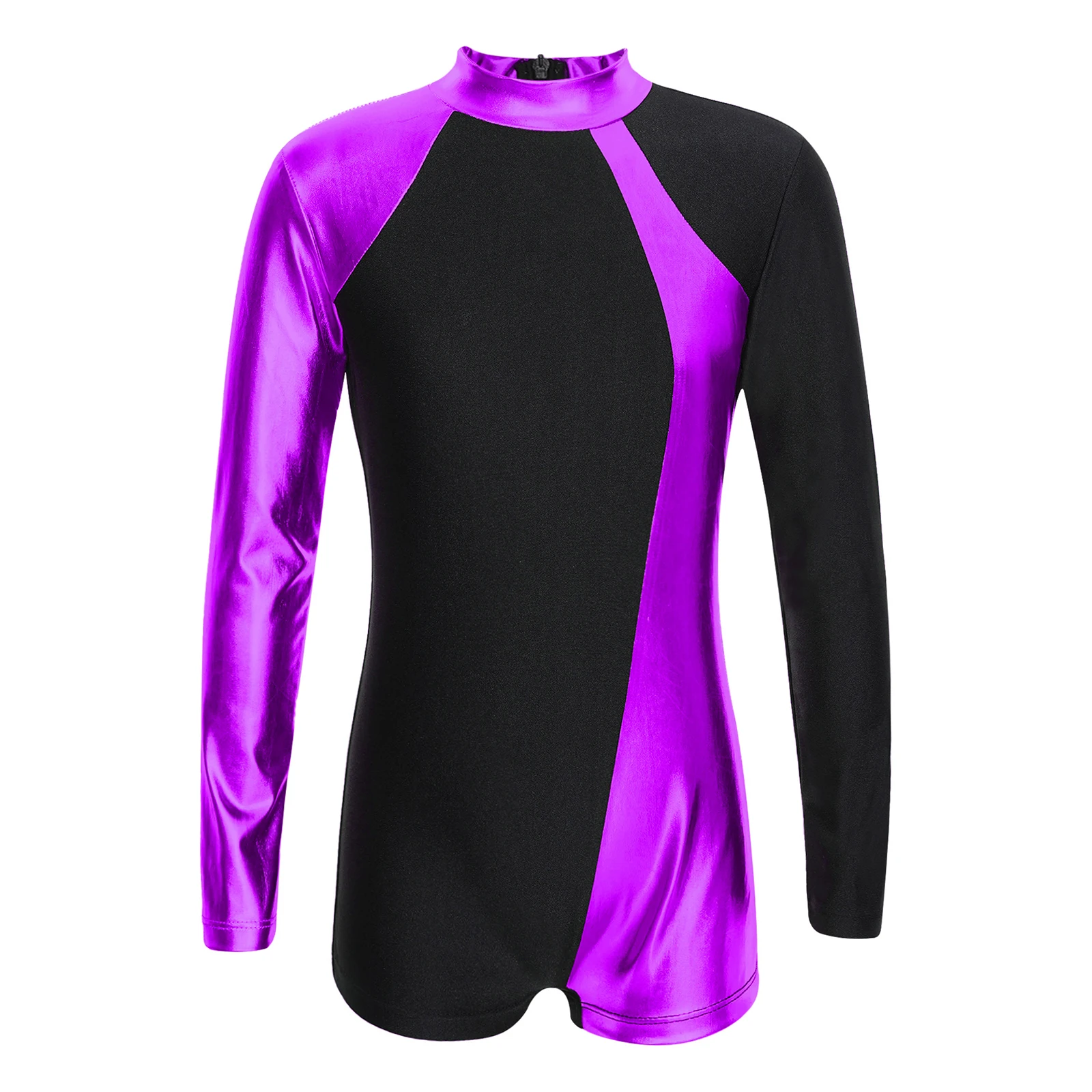 Kids Girls Metallic Gymnastics Leotard Color Block Ballet Dance Jumpsuit for Acrobatics Teen Long Sleeve Figure Skating Bodysuit