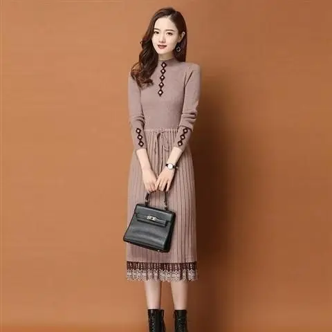 

Fleece Thicken Autumn and Winter 2024 New Lace-up Solid Sweater Dress Medium-length Slimming Women's Sweater Base Dress LU469