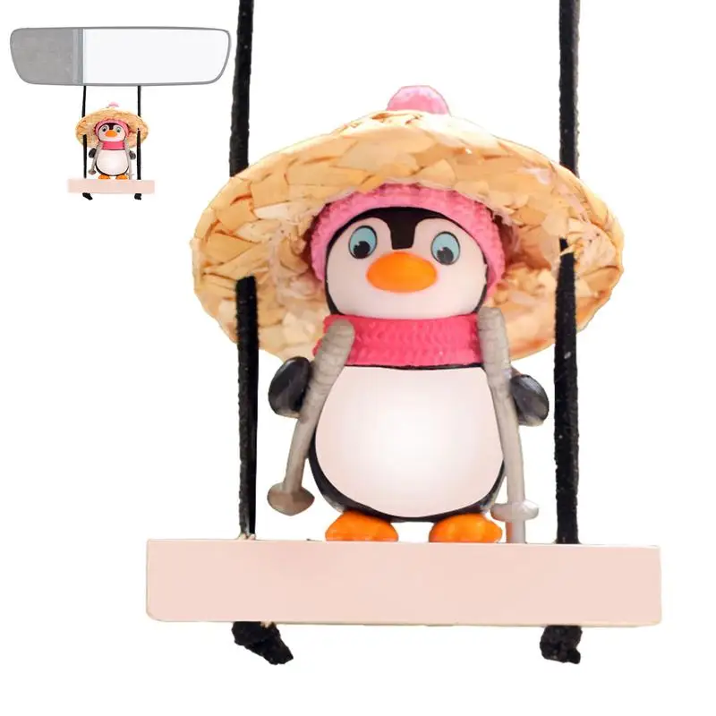 Car Pendant Swing Penguin Wearing Straw Hat Penguin Hanging Ornaments Auto Rearview Mirror Decoration Car Interior Accessories