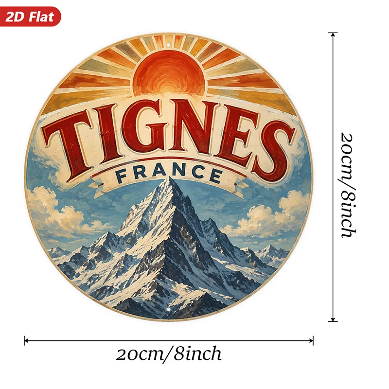 2D Flat, 1pc Alpine Travel Poster Round Metal Sign Wall Art, Tignes France Text, Home Decor, Snowcapped Mountain Peak, Ideal for