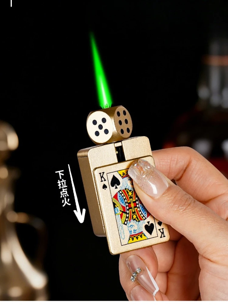 Nouveau dés rotatifs cartes à jouer flamme verte briquet gonflable hommes allume-cigare Gadget