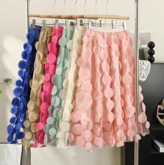 2024 Summer Elegant Women Polka Dot Tulle Skirts Elastic Waist Long A-line Tutu Skirts Mesh Party Evening Holiday Long Skirts