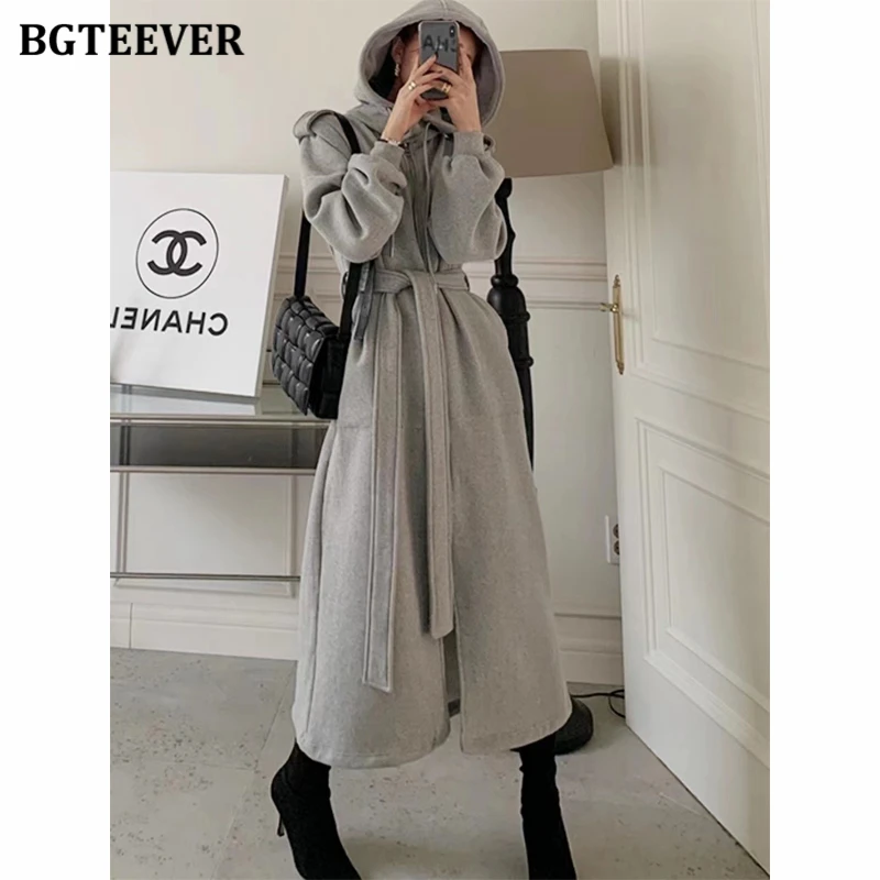 BGTEEVER Autumn Winter Thicken Loose Female Pullover Sweatshirt Dress Long Sleeve Pockets Women Lace-up Hooded Mid-Length Dress