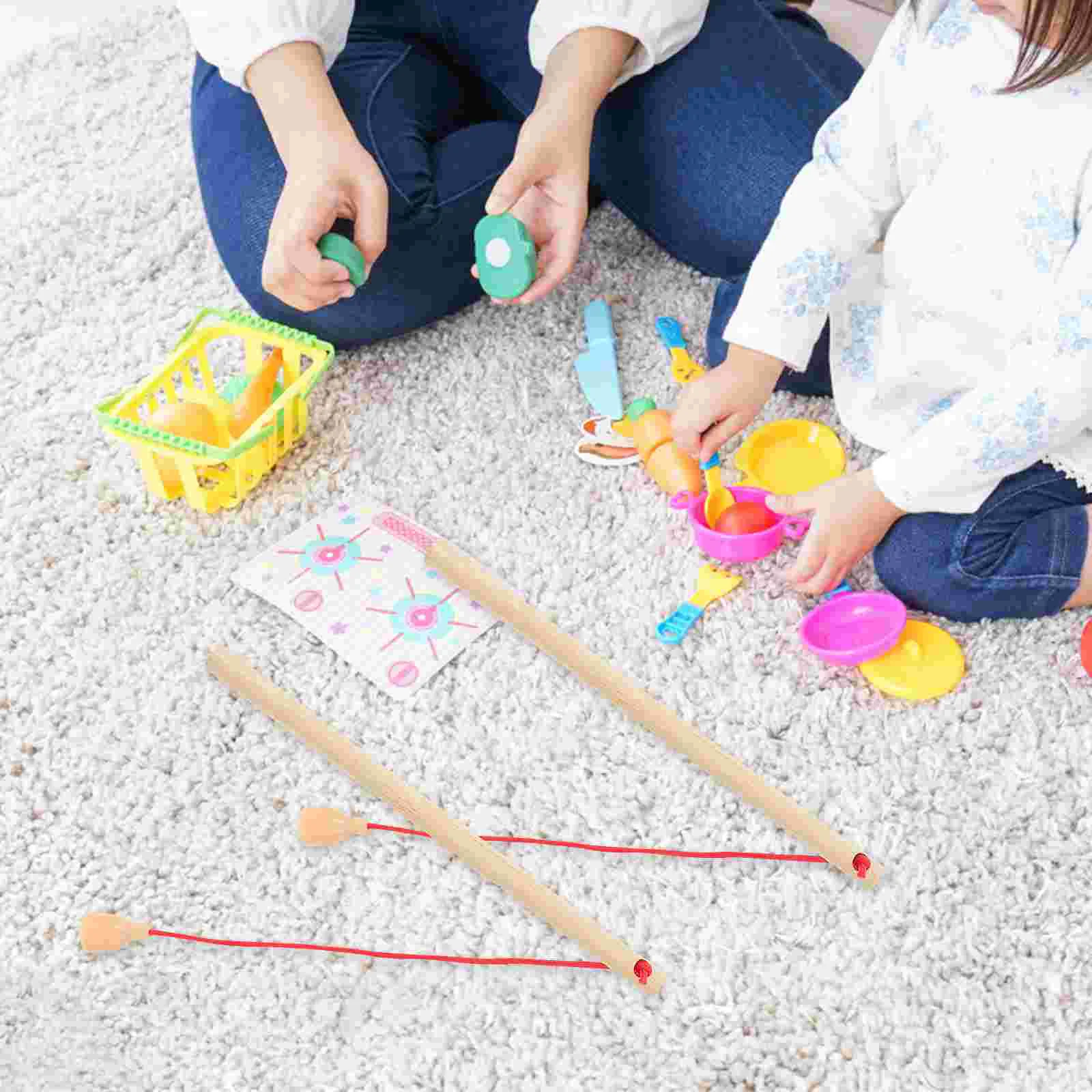 12 Pcs Wooden Fishing Rod Toy Toddler Toys for Girls Pole Catching Checkerboard Game