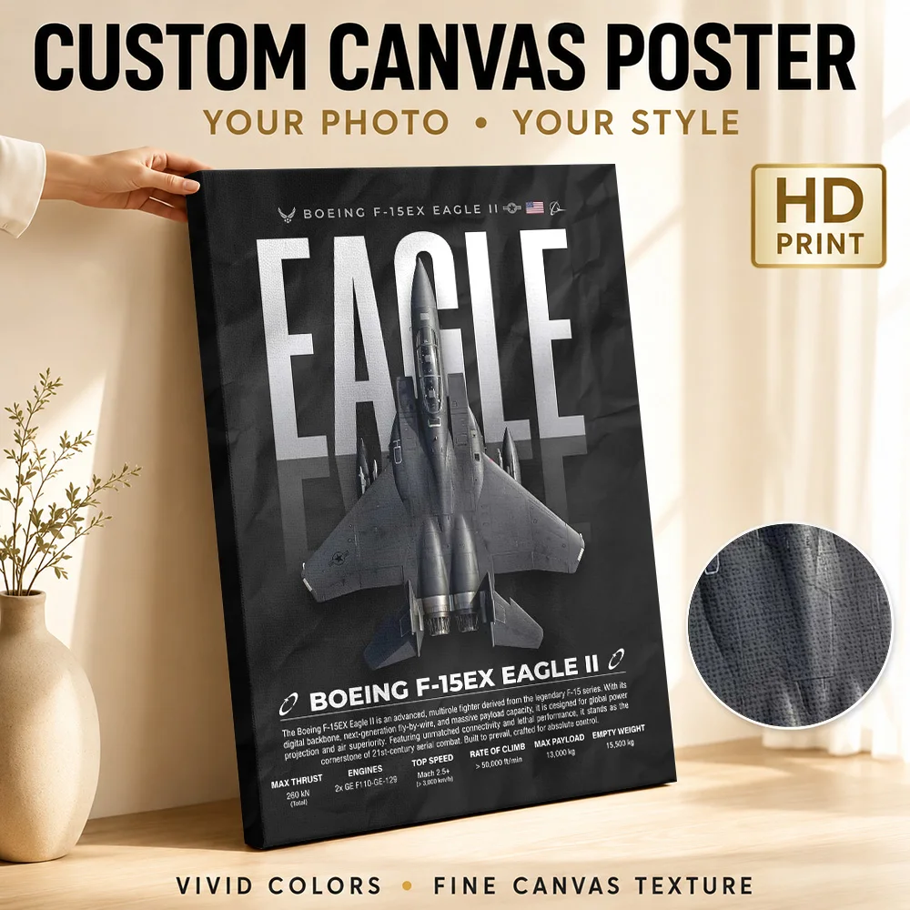 F-15EX Eagle II Aircraft Gallery Wrapped Canvas Print Customized Photo, Annotated Technical Linework Wall Art For Study Room