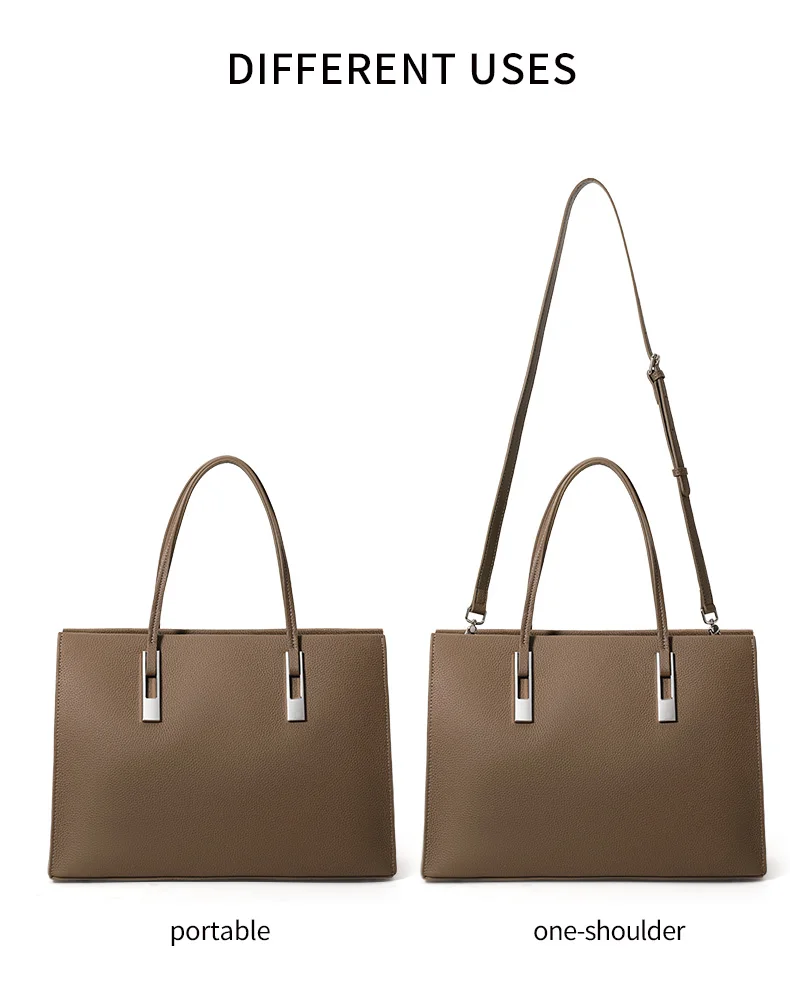 Multi-Pocket-Tasche aus Rindsleder mit großem Fassungsvermögen, minimalistische Damen-Umhängetasche mit Litschi-Textur für Büro, Arbeit, Reisen – Detail 4