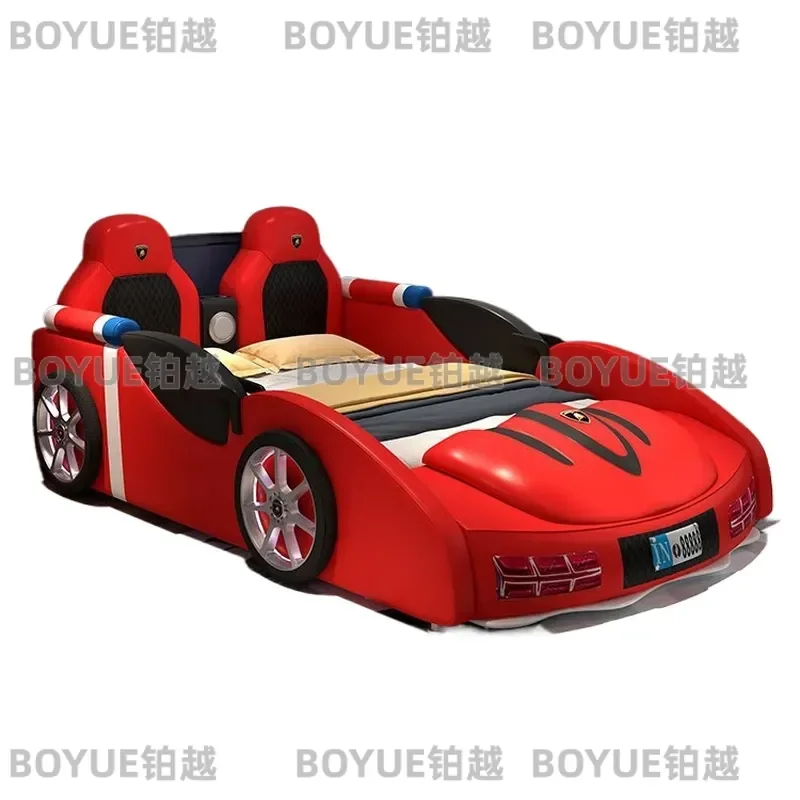 Kids Race Car Bed Frame Solid Wood Leather Upholstered Single Twin Size with Safety Rails Cartoon Vehicle Design for Boys