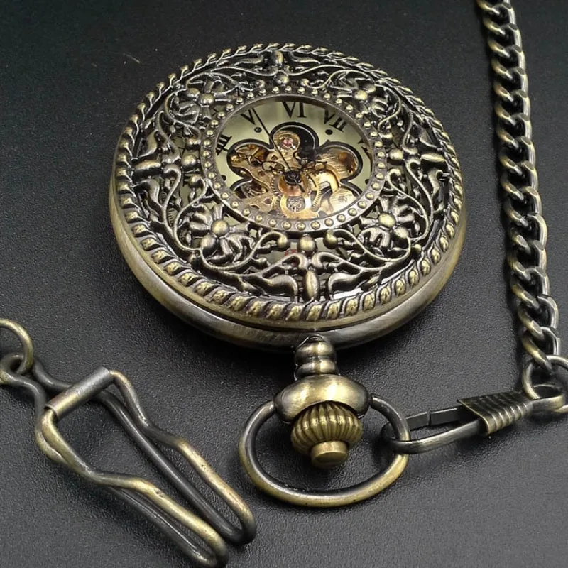 Manual mechanical pocket watch vintage carved hollow flip bronze creative Roman dial mechanical pocket watch