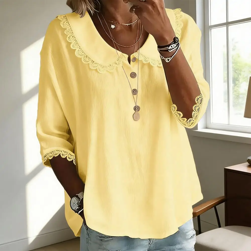 

Versatile Women Shirt Women Shirt Loose Fit Femininas Tshirt Half Sleeve Blouse Lace Neckline Cuffs Button Placket Women Blouse