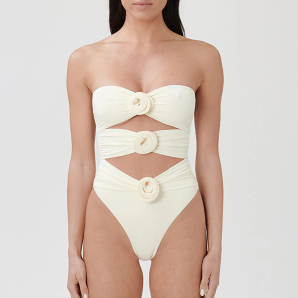 

2024 One-Piece Solid Color Swimsuit 3d Flower Unique Single Bikini Women Hollow Backless Beach Sexy Patchwork Luxury Swimwear