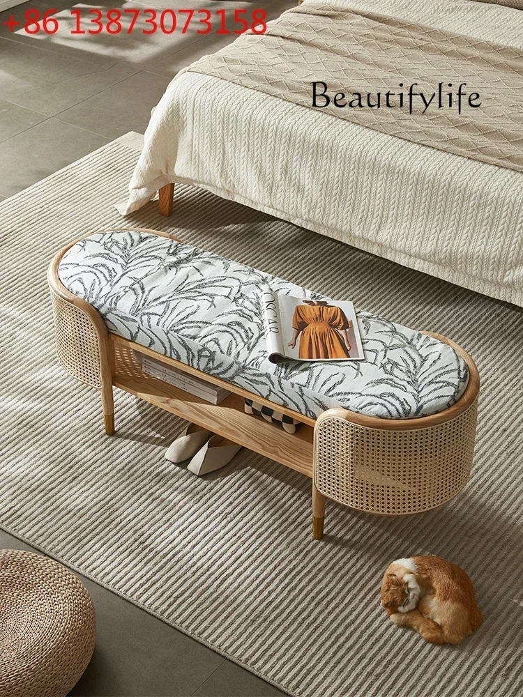 Nordic Homestay Bed End Stool Bedroom Rectangular Home Trial Shoe Changing Stool Rattan Bed Side Solid Wood Sofa Stool