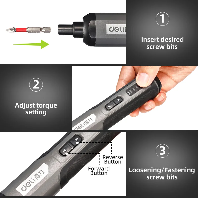 Deli 4V Cordless Electric Screwdriver Set Smart 3-Speed Large Torque Cordless 2000mAh Battery Drill Household Maintenance Repair