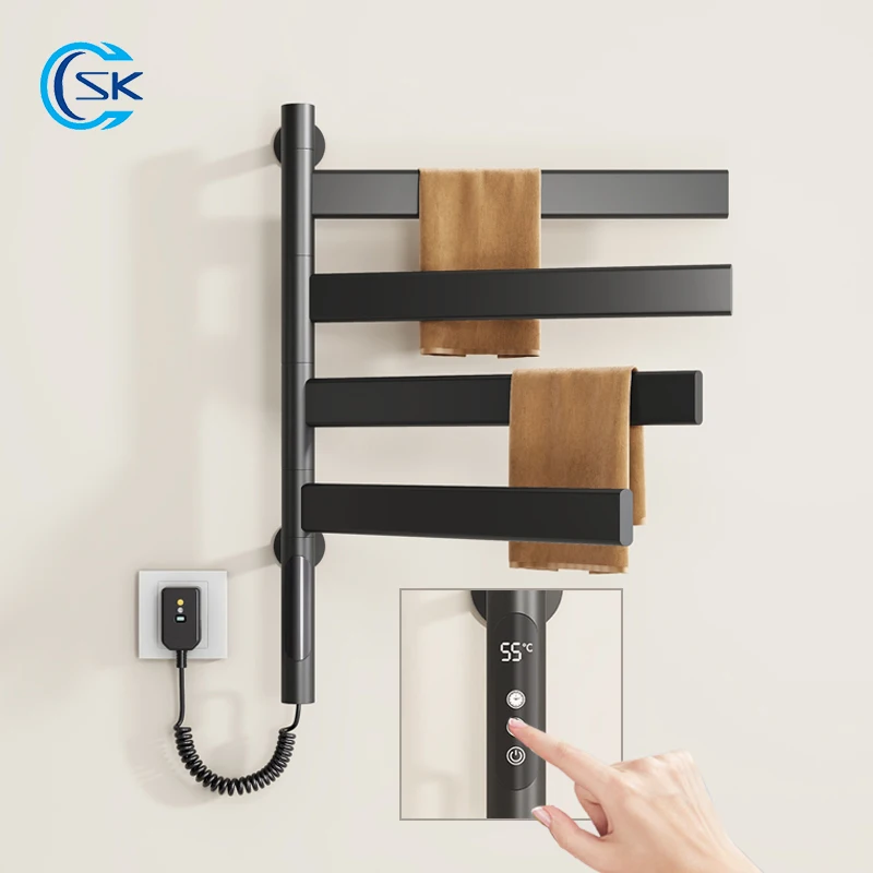 Black Bathroom Towel Warmer Rotatable Electric Heated Towel Rail Four Rods Heating Electric Towel Rack Square/Round Towel Dryer