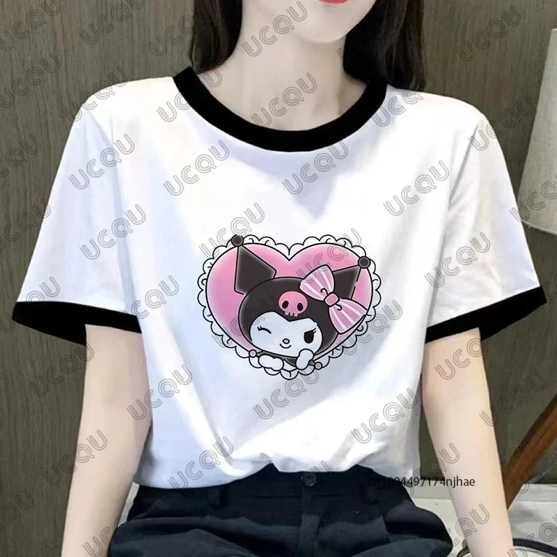 

Новая летняя корейская футболка Sanrio Kuromi с милым мультяшным принтом, женская повседневная футболка с короткими рукавами и круглым вырезом в стиле Харадзюку с 3d принтом