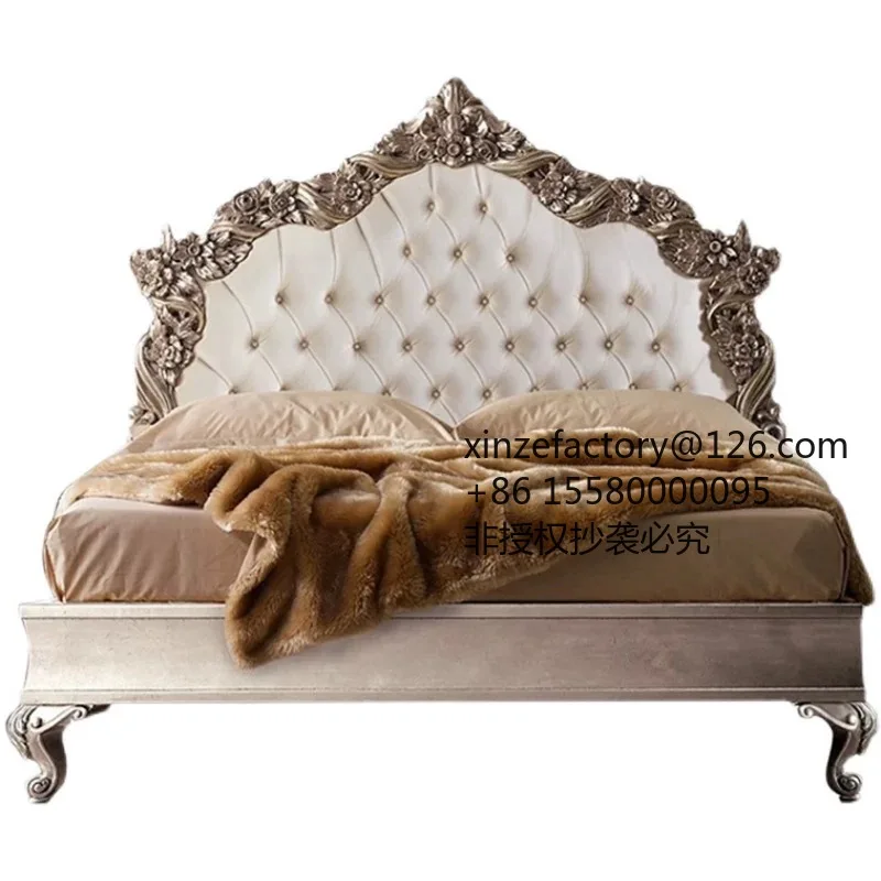 Factory Direct 2026 Top RatedMaster bedroom double bed European solid wood princess bed Internet celebrity frame engraved leathe