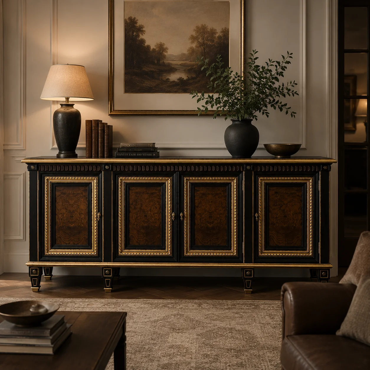Traditional Neoclassical Sideboard Premium Mappa Burl Credenza with Hand-painted Gold Details for High-end Apartment Lobby