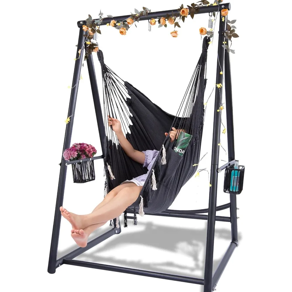 Hammock Chair Hanging Rope Swing & Stand Set with Two Holders, Heavy Duty Hanging Stand with Three Hooks, Multi-Use for Indoor