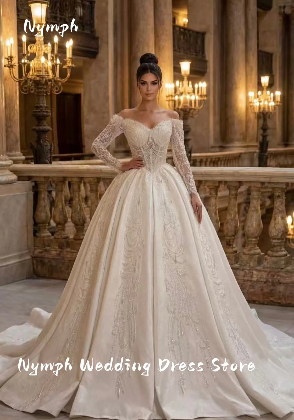 Off The Shoulder Sweetheart Wedding Dress Long Lace Sleeves Satin Sparkly Lace Appliques Ball Gown Cathedral Train Bridal Gown