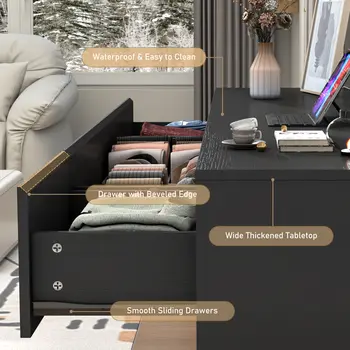 臥室九抽屜櫃,附充電站,63吋現代大型木質無把手抽屜櫃,黑/白 8 最佳銷售 抽屜櫃 - №6