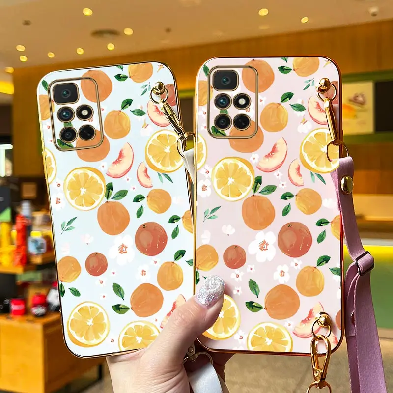 Oil Painting Fruit Lanyard Plating Phone Case For Xiaomi Redmi 10 12 13C 10C 9i 10A 12C 9 9T 11A 9C 8A 9A 8 A1 Plus A1 Cover