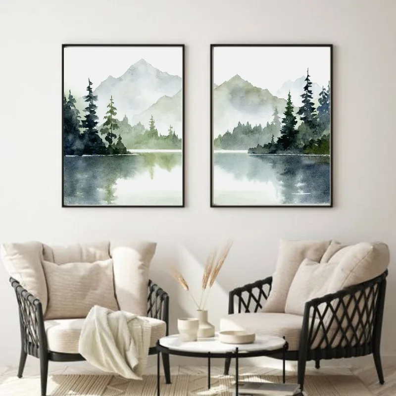 1pc frameless Canvas Painting Misty Mountain Lake Watercolor Posters Prints Teal Foggy Forest Tree Canvas Painting Wall Art Pict