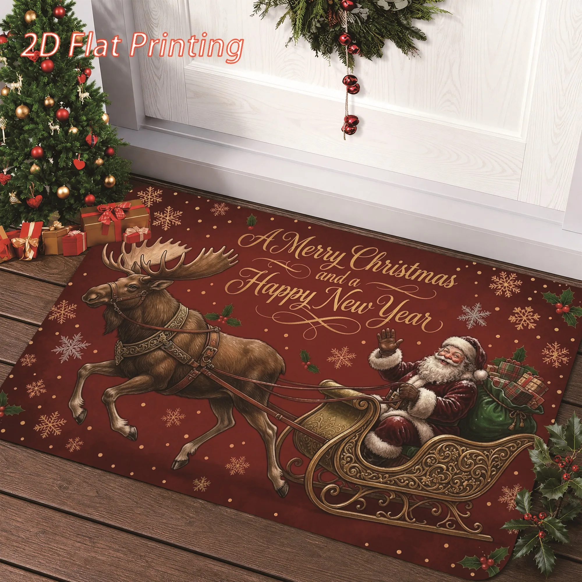 Peace Joy Reindeer Christmas Area Rug Pine Branch Wreath Golden Ball Print Mat Holiday Party Home Adornment