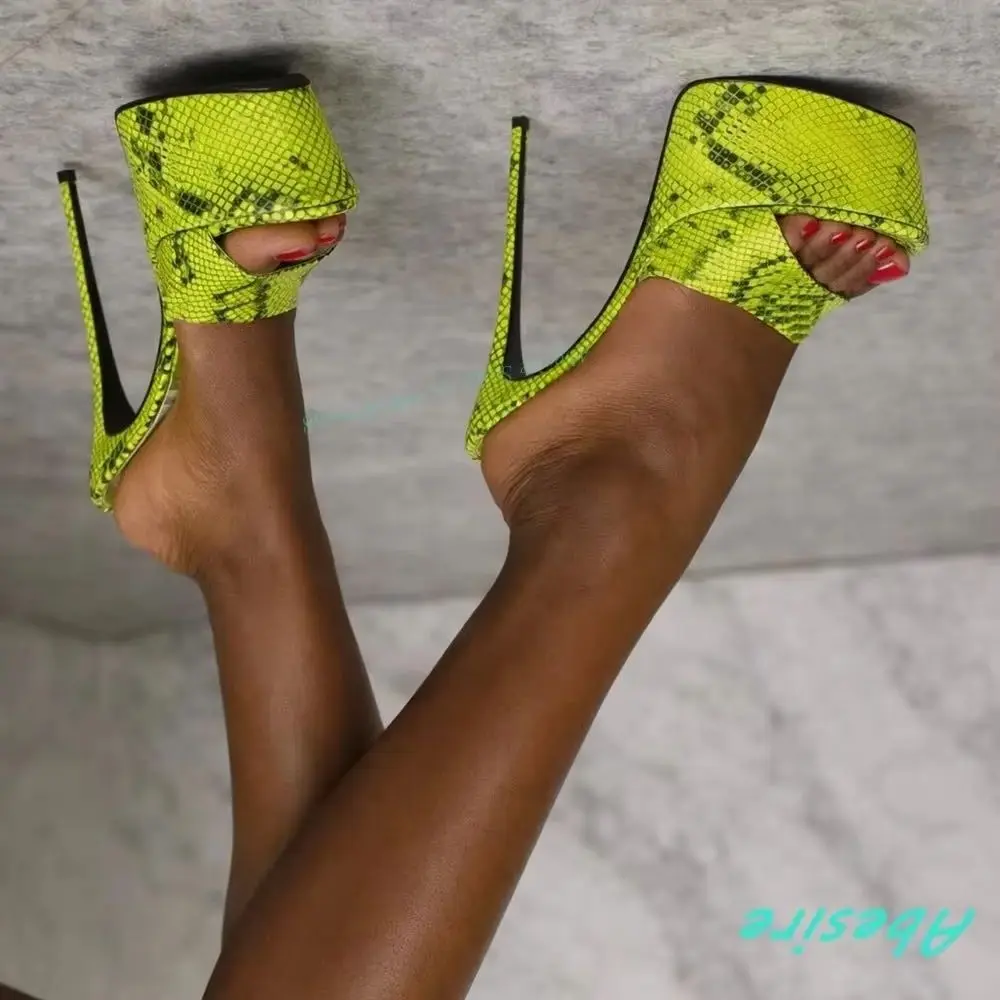 Platform Stiletto Heels One-Strap Shoes for Women Green Snake Pattern Patchwork Peep Toe Slippers Spicy Girls Outside Shoes New