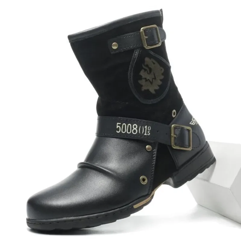 

Men's Punk Goth Ankle Boots Retro Cowboy Motorcycle Shoes Chunky Heel Round Toe Plus Size Western Boot Chaussure Militaire Homme