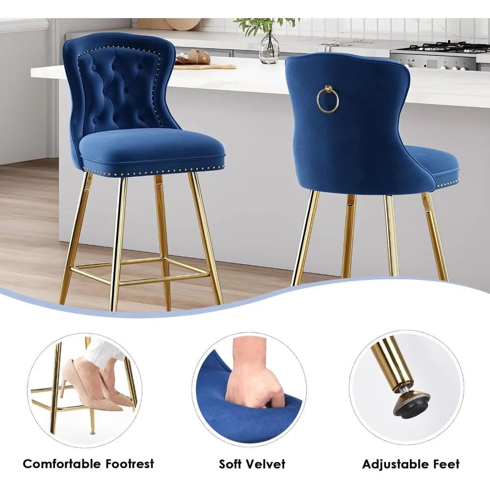 バースツール4脚セット、ベルベットカウンター高さバースツール、メタル脚、ボタンタフテッドとネイルヘッドトリム、ウィングバックバーチェア