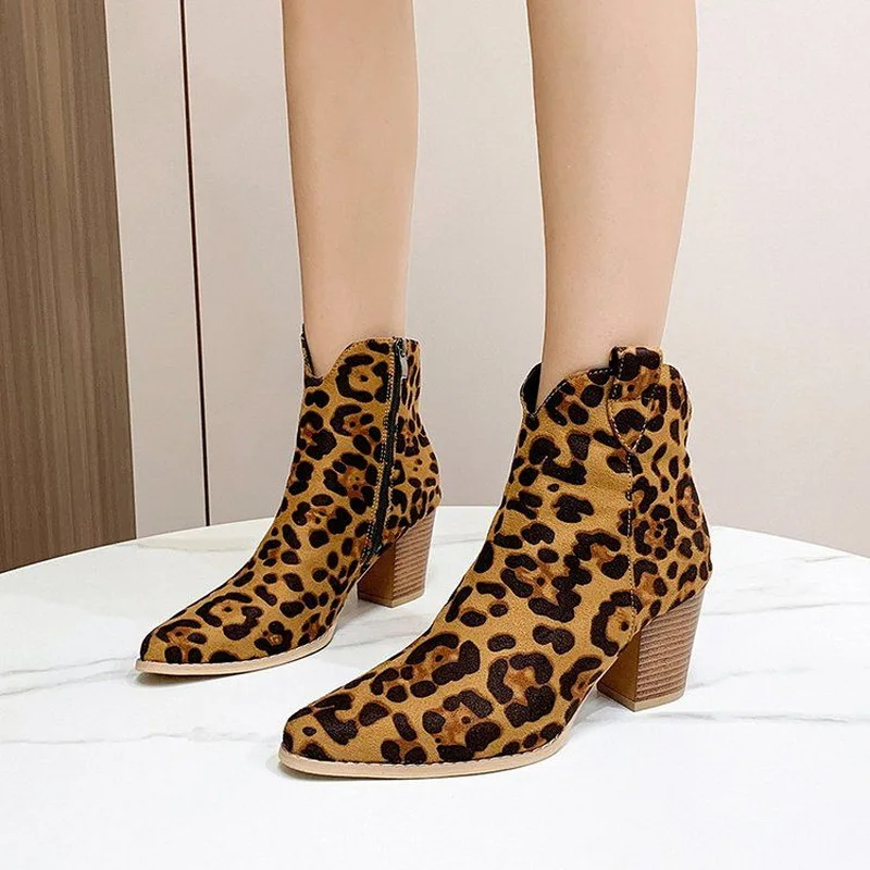 FHC Sexy Leopard High Heeled Ankle Boots,Women Short Botas,Autumn/Winter Shoes,Pointed Toe Booties,Side Zip,Size 35-42,Dropship