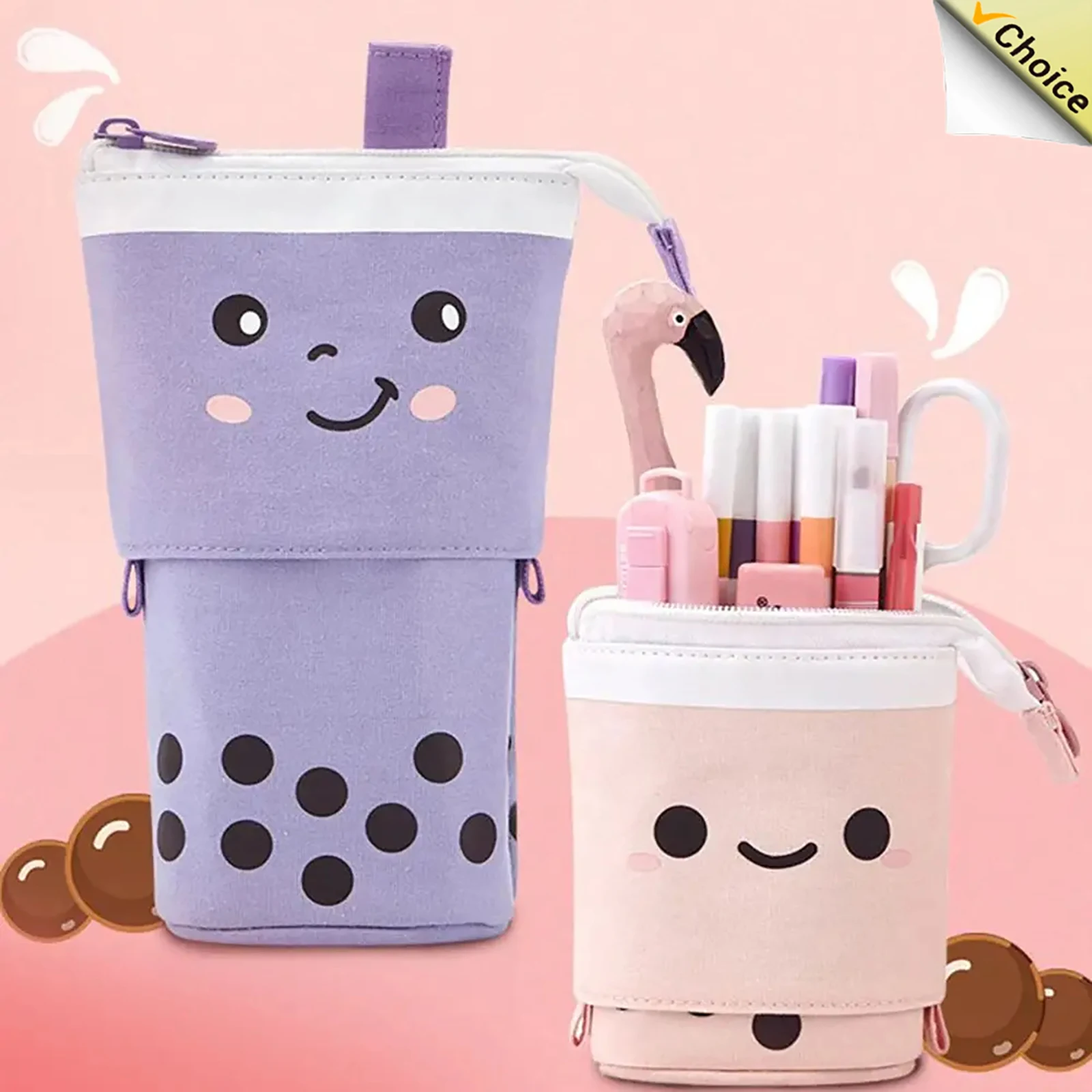 Imagem -03 - Cute Boba Milk Tea Retrátil Pen Bolsa Porta-lápis Estojo de Papelaria Stand up Pouch para Crianças Bolsa Conjunto