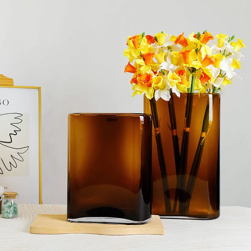 Creative flat glass through vase amber living room special-shaped flower ware home soft decoration large diameter ornament
